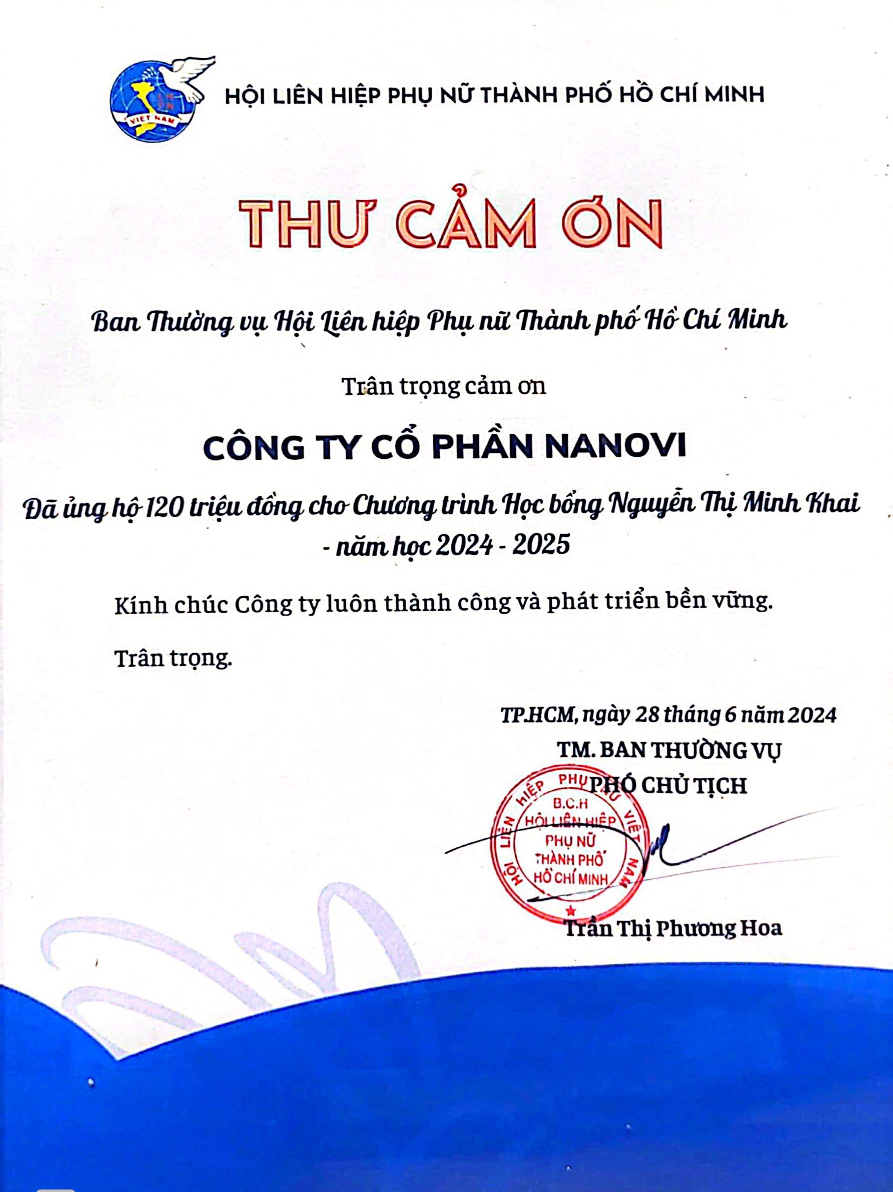 Hội LHPN TP.HCM cảm ơn Công ty Cổ phần NANOVI ủng hộ 120 triệu đồng cho Chương trình Học bổng Nguyễn Thị Minh Khai NANOVI ủng hộ 120 triệu đồng cho học sinh nghèo hiếu học TP.HCM Thêm hy vọng cho học sinh nghèo hiếu học TP.HCM